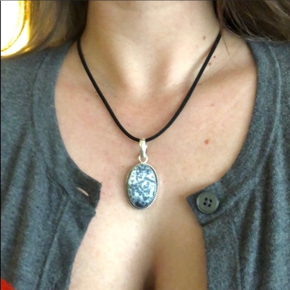 Dendritic Opal Pendant on Black Suede Cord - Picture 2 of 3